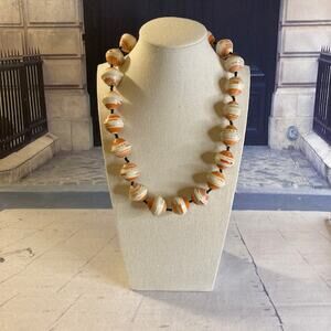0087 Orange and White Paper Bead Necklace w/Black Seed Beads